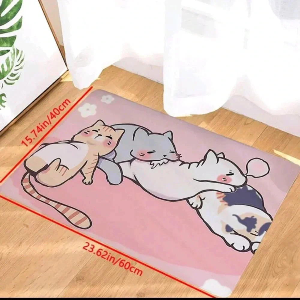 Pink plush bath mat mini rug with sleepy multicolored kittens design home decor